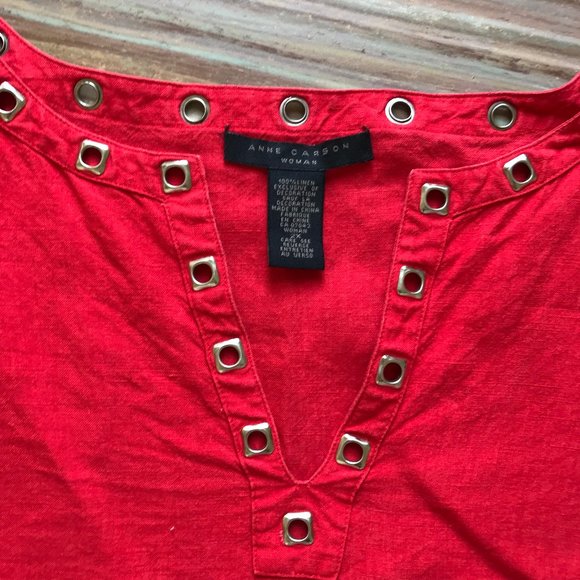 Anne Carson 100% Linen Red 3/4 Sleeve Blouse Top with Metal Grommet Detail - Picture 4 of 6